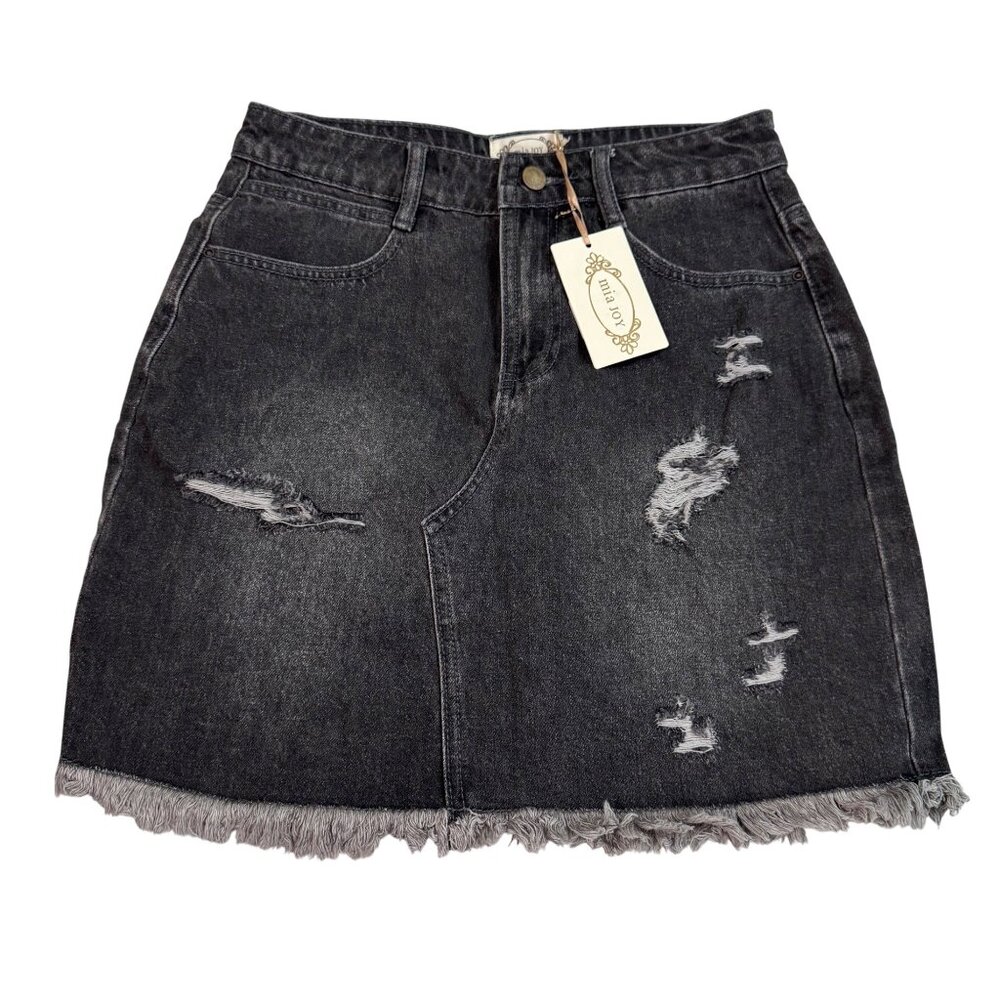 Joyfolie Miajoy Abilene Washed Black Denim Mini Skirt With Distressed size‎ 27